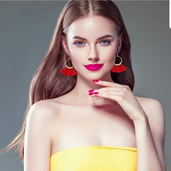 Red Bohemian/Aztec Hoop Tassell Earrings - Picture 4 of 6